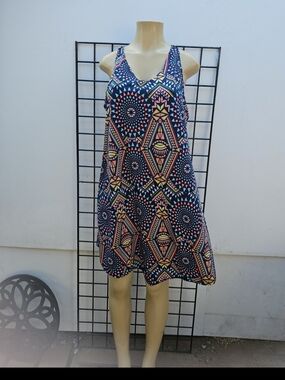 Geometric Print Sleeveless Midi Dress - Navy Pink Yellow